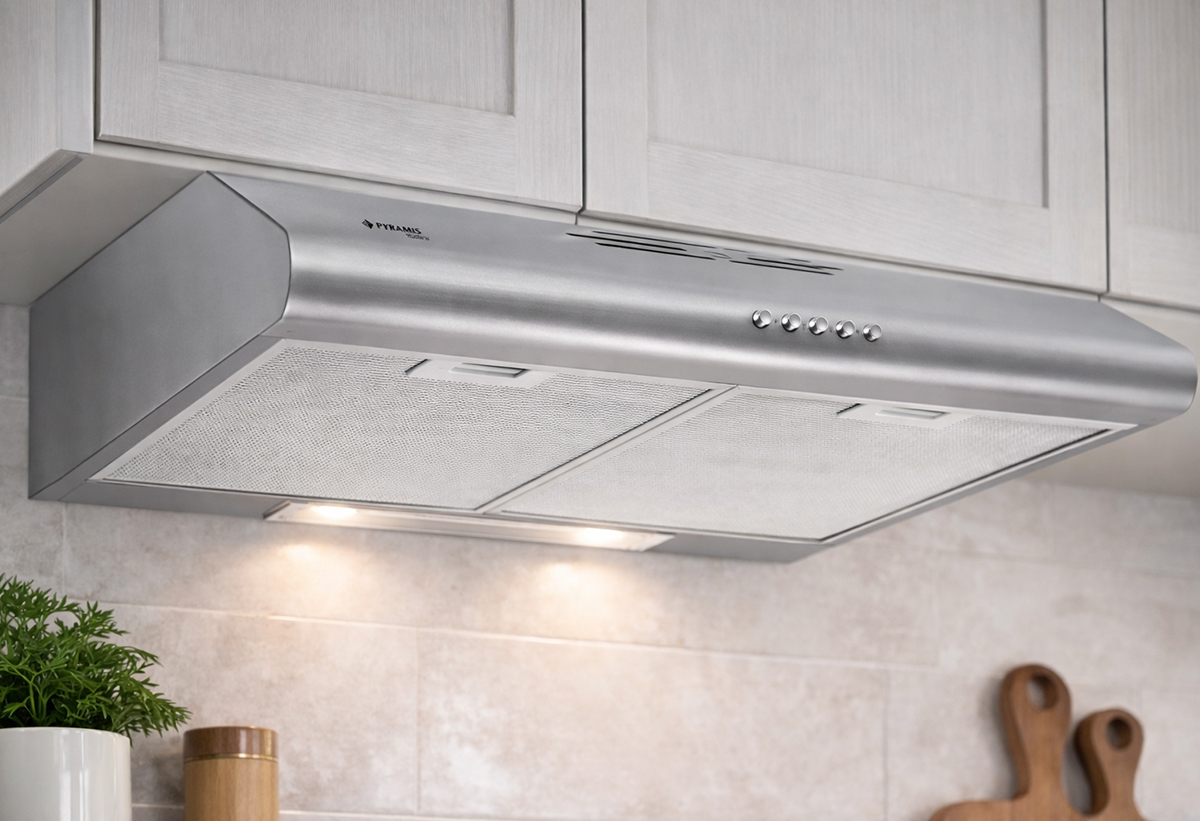 Απεικονίζεται ο απορροφητήρας εγκατεστημένος σε κουζίνα.